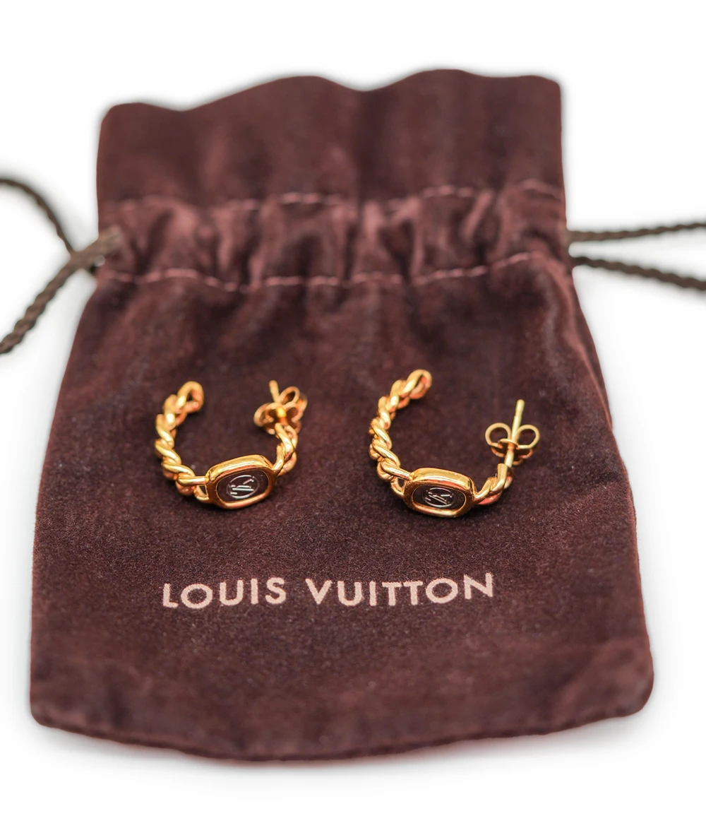 Louis Vuitton ID Chain Gold Plated Hoop Earrings with LV Monogram Logo in Silver