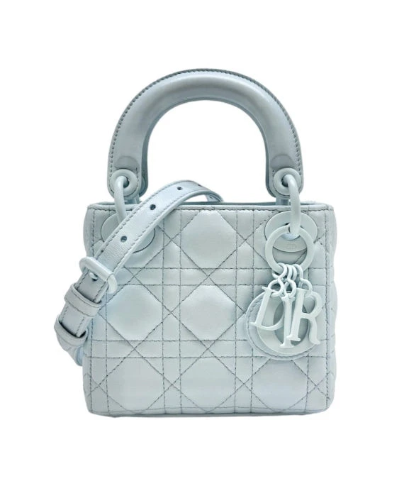 Christian Dior Light Blue Cannage Leather Micro Lady Dior Bag with Light Blue Metal Fittings