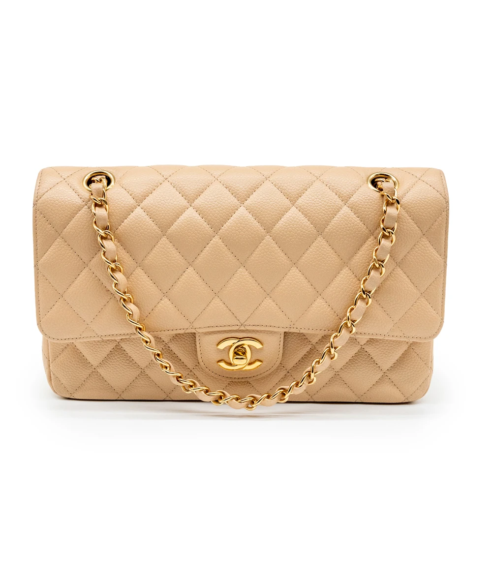 Chanel Size 25 Classic Medium Double Flap Beige Caviar Leather Bag with Gold Hardware