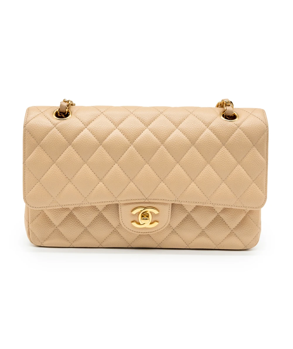 Chanel Size 25 Classic Medium Double Flap Beige Caviar Leather Bag with Gold Hardware