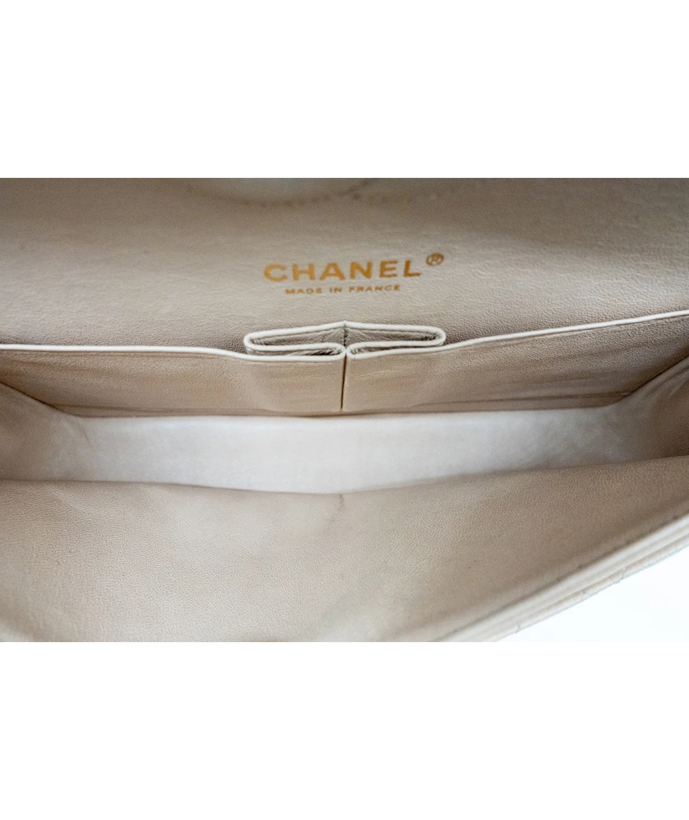 Chanel Size 25 Classic Medium Double Flap Beige Caviar Leather Bag with Gold Hardware