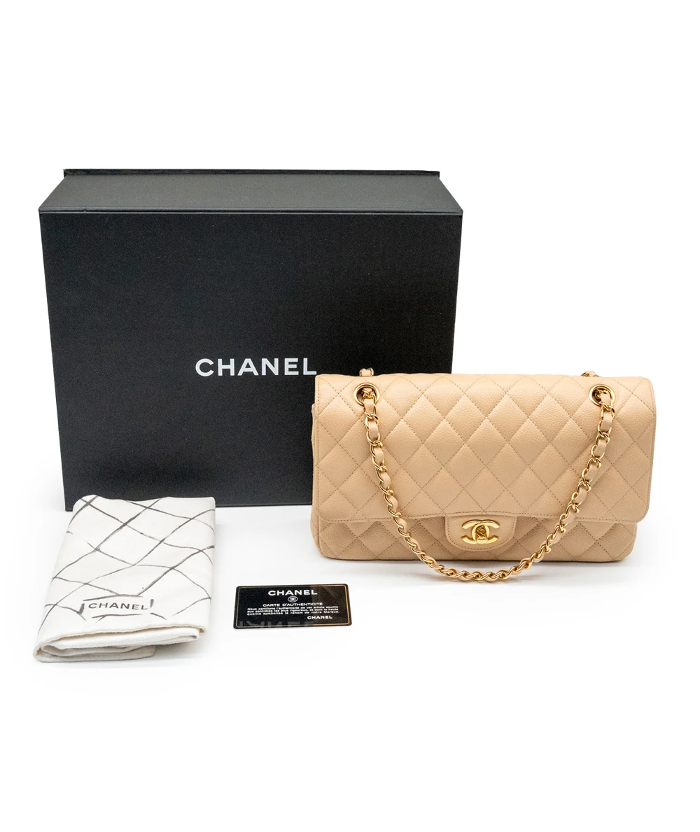 Chanel Size 25 Classic Medium Double Flap Beige Caviar Leather Bag with Gold Hardware