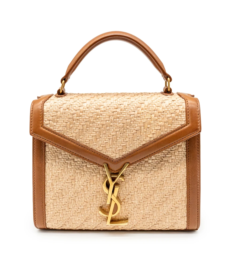 Saint Laurent Cassandra Mini Raffia + Vegetable-Tanned Leather Shoulder Bag in Natural Sand + Brick colors
