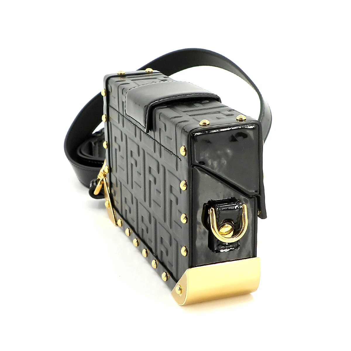 Fendi Baguette Trunk Small Black Patent Leather Shoulder Bag