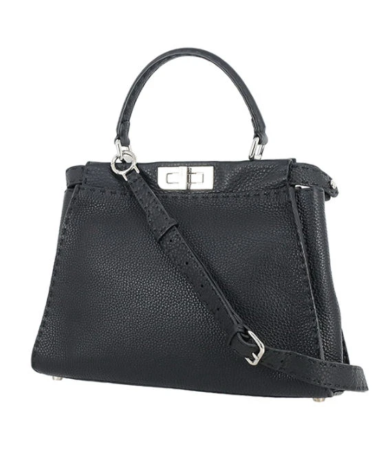 Fendi Black Selleria Leather Medium Peekaboo Top Handle Bag