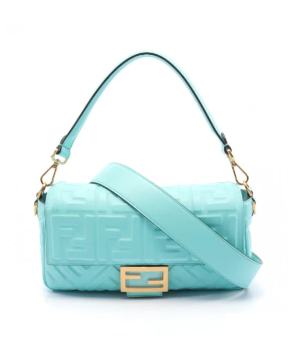 Fendi Turquoise Blue FF Logo Embossed Leather Baguette Bag