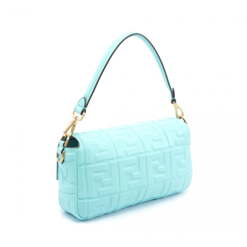 Fendi Turquoise Blue FF Logo Embossed Leather Baguette Bag