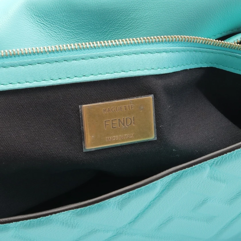 Fendi Turquoise Blue FF Logo Embossed Leather Baguette Bag