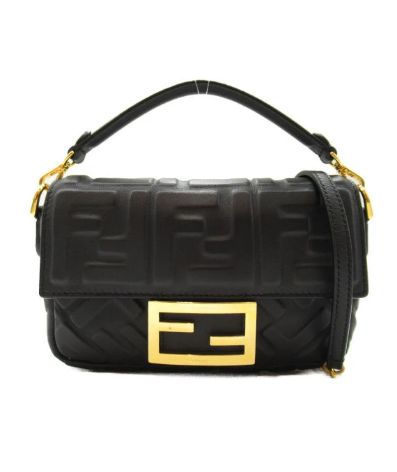 Fendi Black FF Embossed Leather Chain Baguette Bag