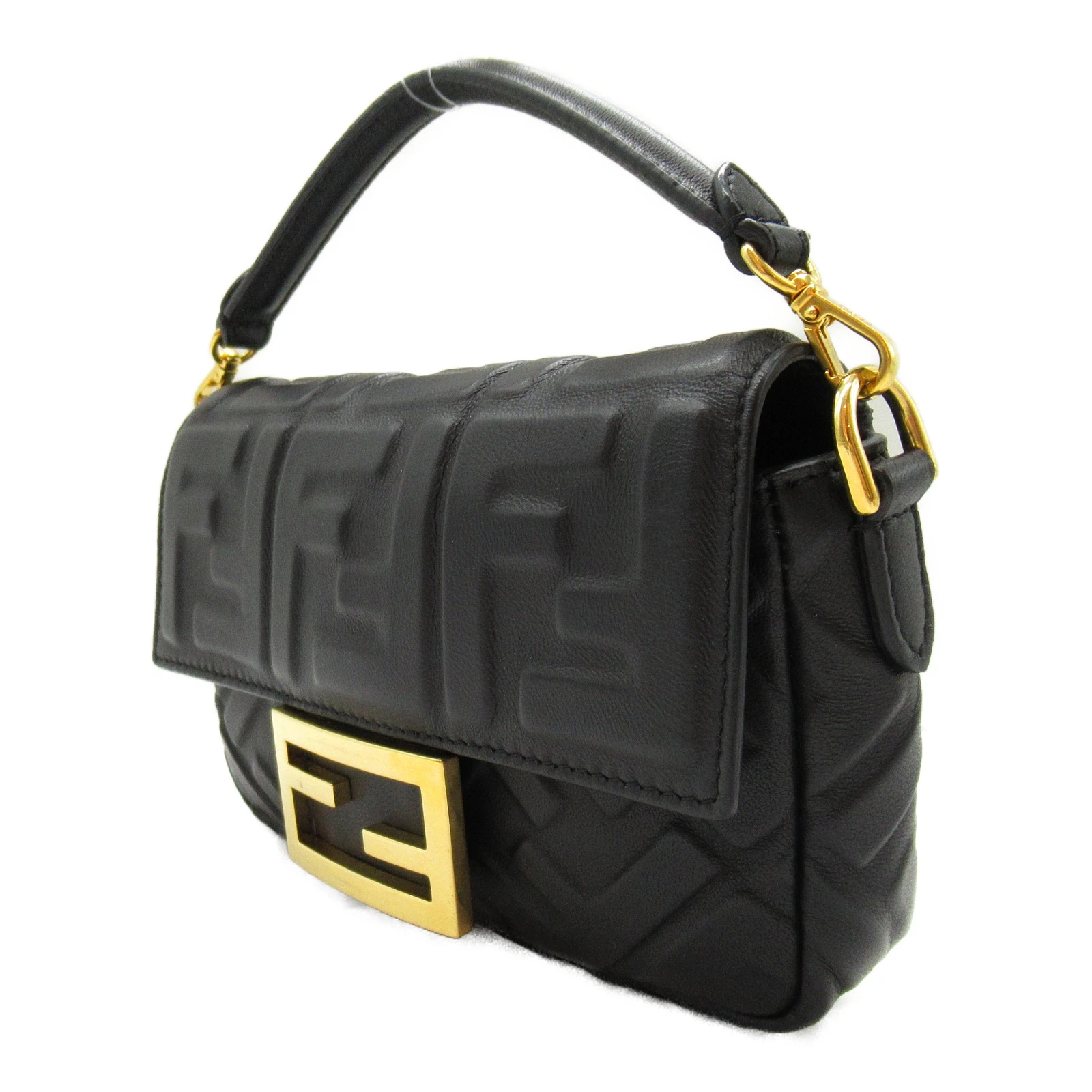 Fendi Black FF Embossed Leather Chain Baguette Bag