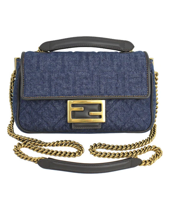 Fendi Dark Blue Denim FF Midi Chain Baguette Shoulder Bag