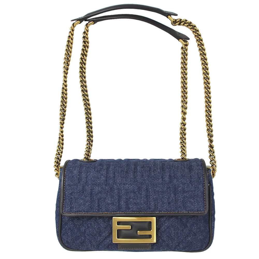 Fendi Dark Blue Denim FF Midi Chain Baguette Shoulder Bag