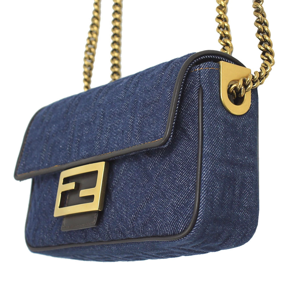 Fendi Dark Blue Denim FF Midi Chain Baguette Shoulder Bag