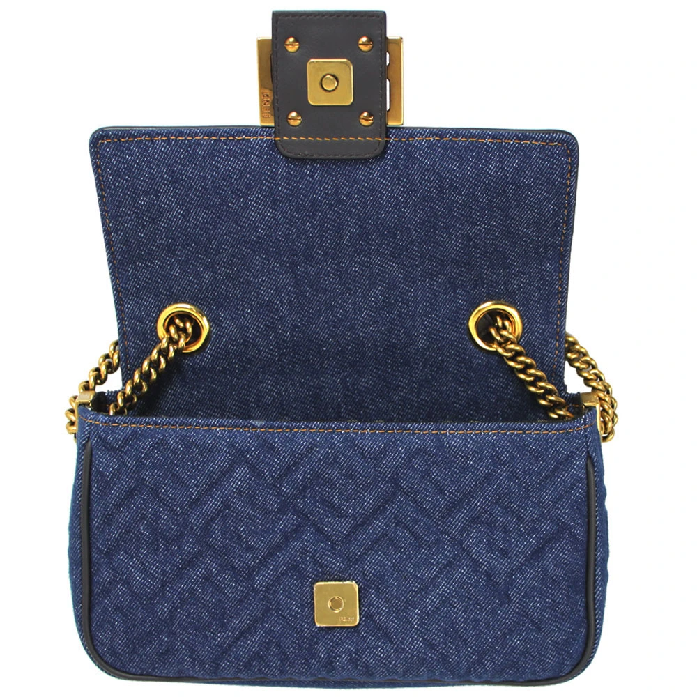 Fendi Dark Blue Denim FF Midi Chain Baguette Shoulder Bag