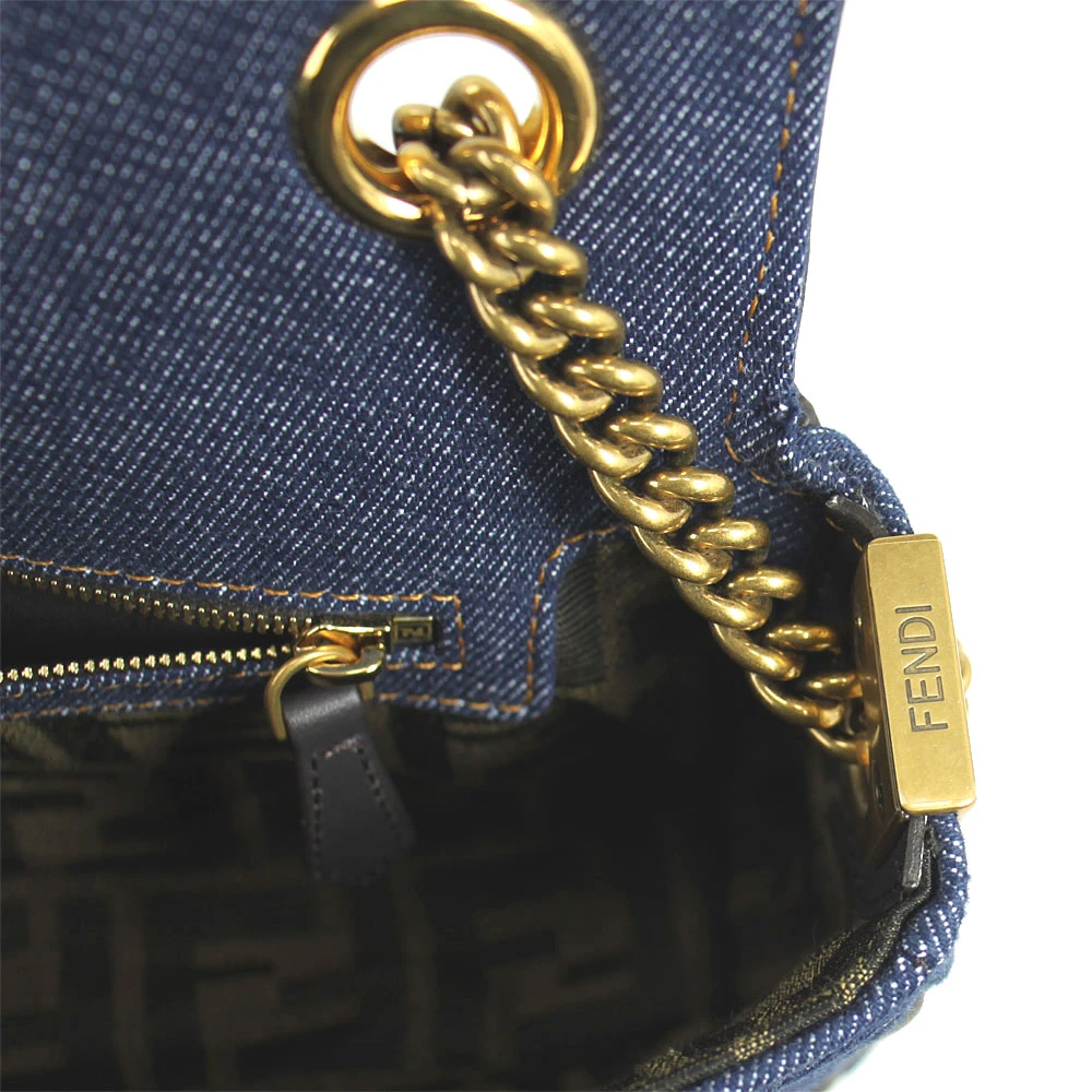 Fendi Dark Blue Denim FF Midi Chain Baguette Shoulder Bag