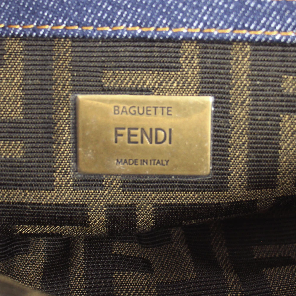 Fendi Dark Blue Denim FF Midi Chain Baguette Shoulder Bag