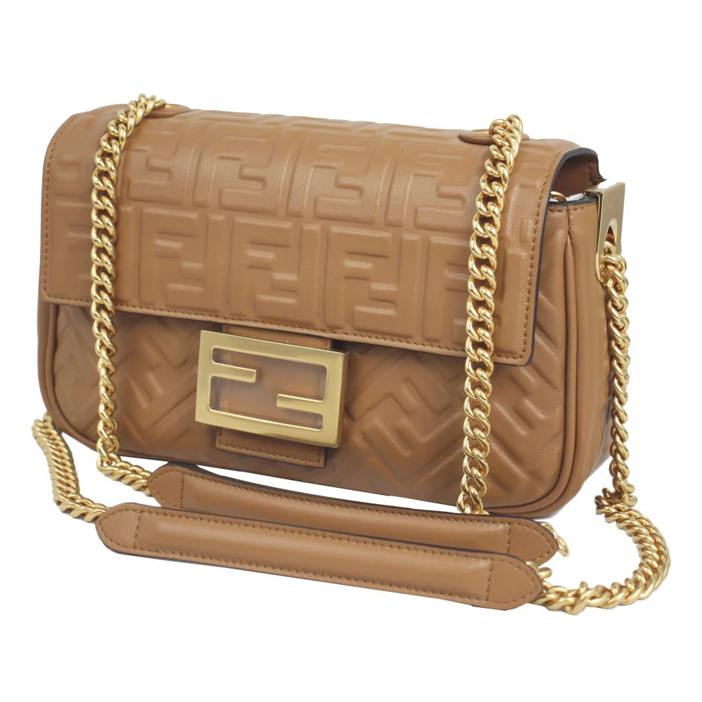 Fendi Caramel FF Embossed Leather Baguette Midi Chain Bag