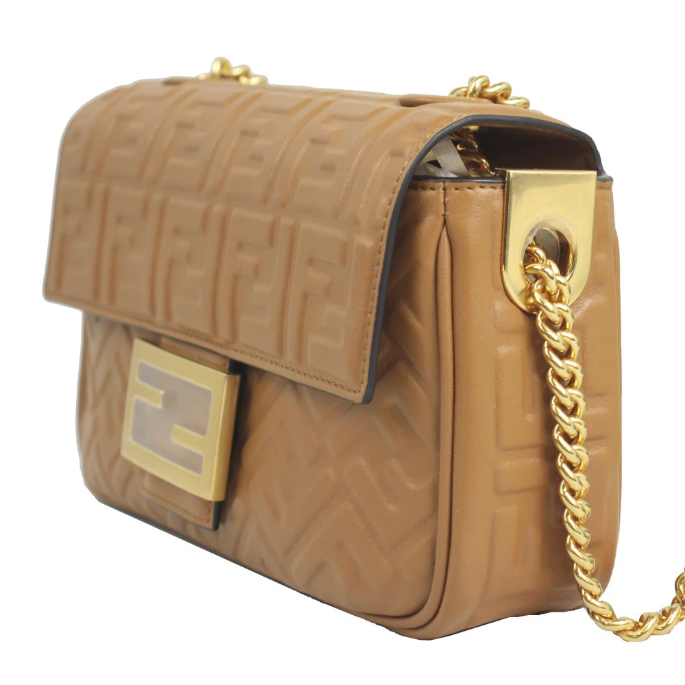 Fendi Caramel FF Embossed Leather Baguette Midi Chain Bag