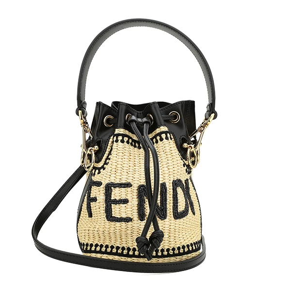 Fendi Beige Black Crochet and Leather Mini Mon Tresor Drawstring Bucket Bag