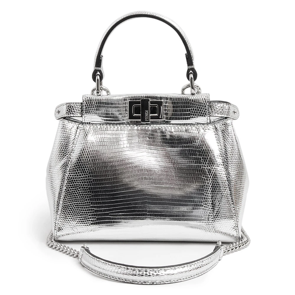 Fendi Metallic Lizard XS Peekaboo Iconic Satchel Silver