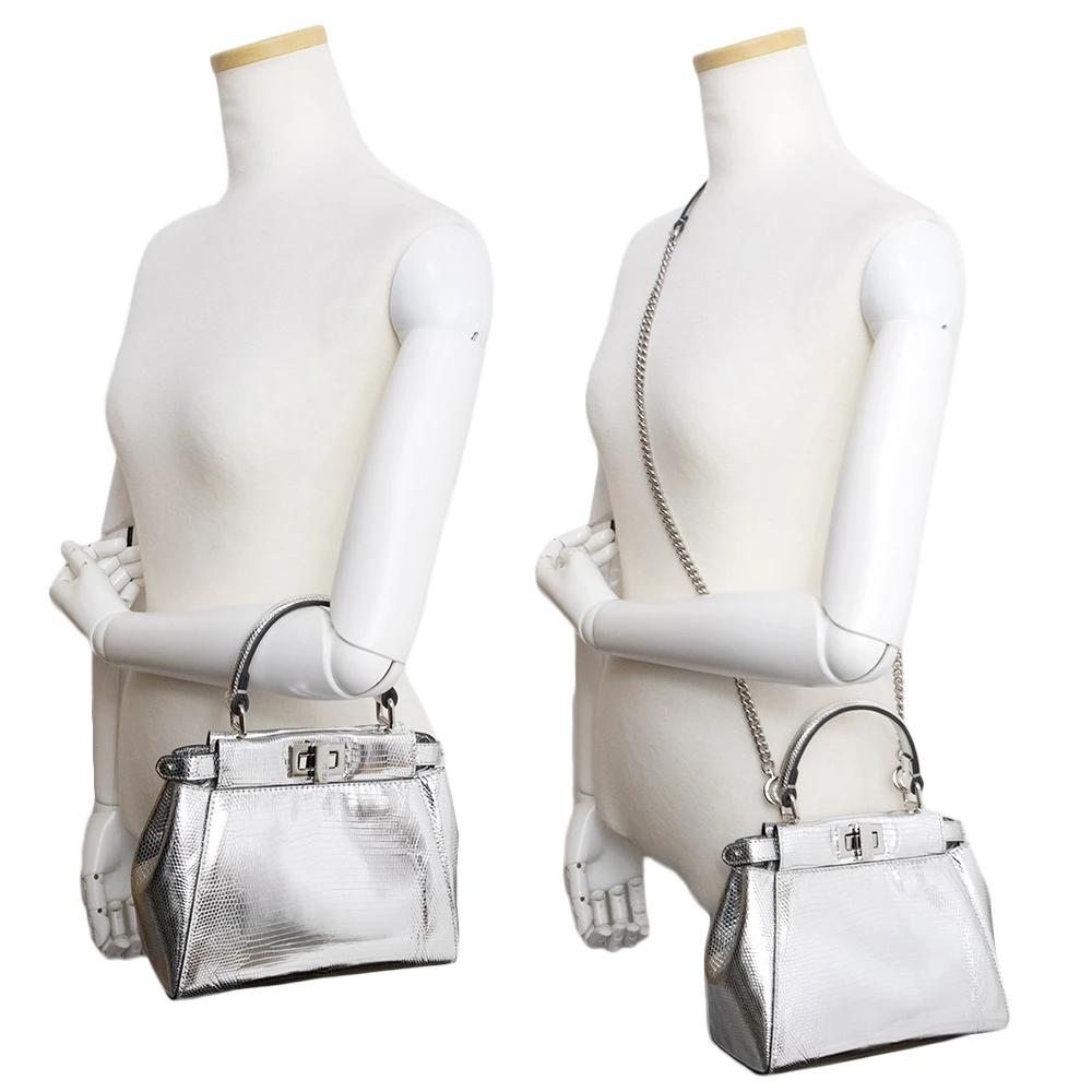 Fendi Metallic Lizard XS Peekaboo Iconic Satchel Silver