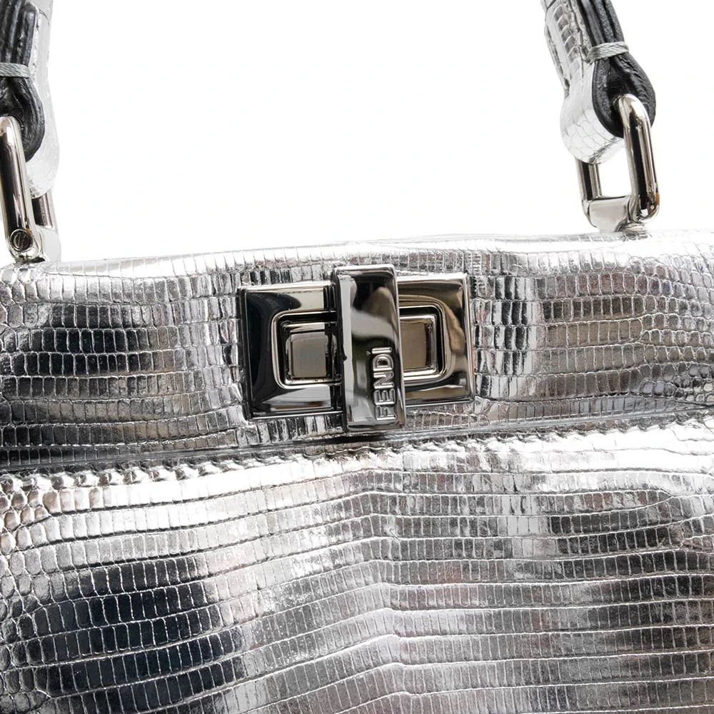 Fendi Metallic Lizard XS Peekaboo Iconic Satchel Silver