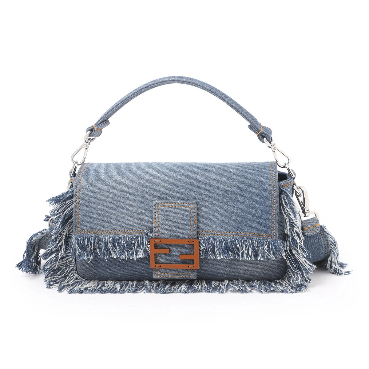 Fendi light Blue Denim FF leather clasp Baguette Handbag