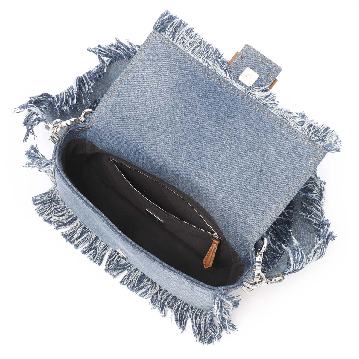 Fendi light Blue Denim FF leather clasp Baguette Handbag