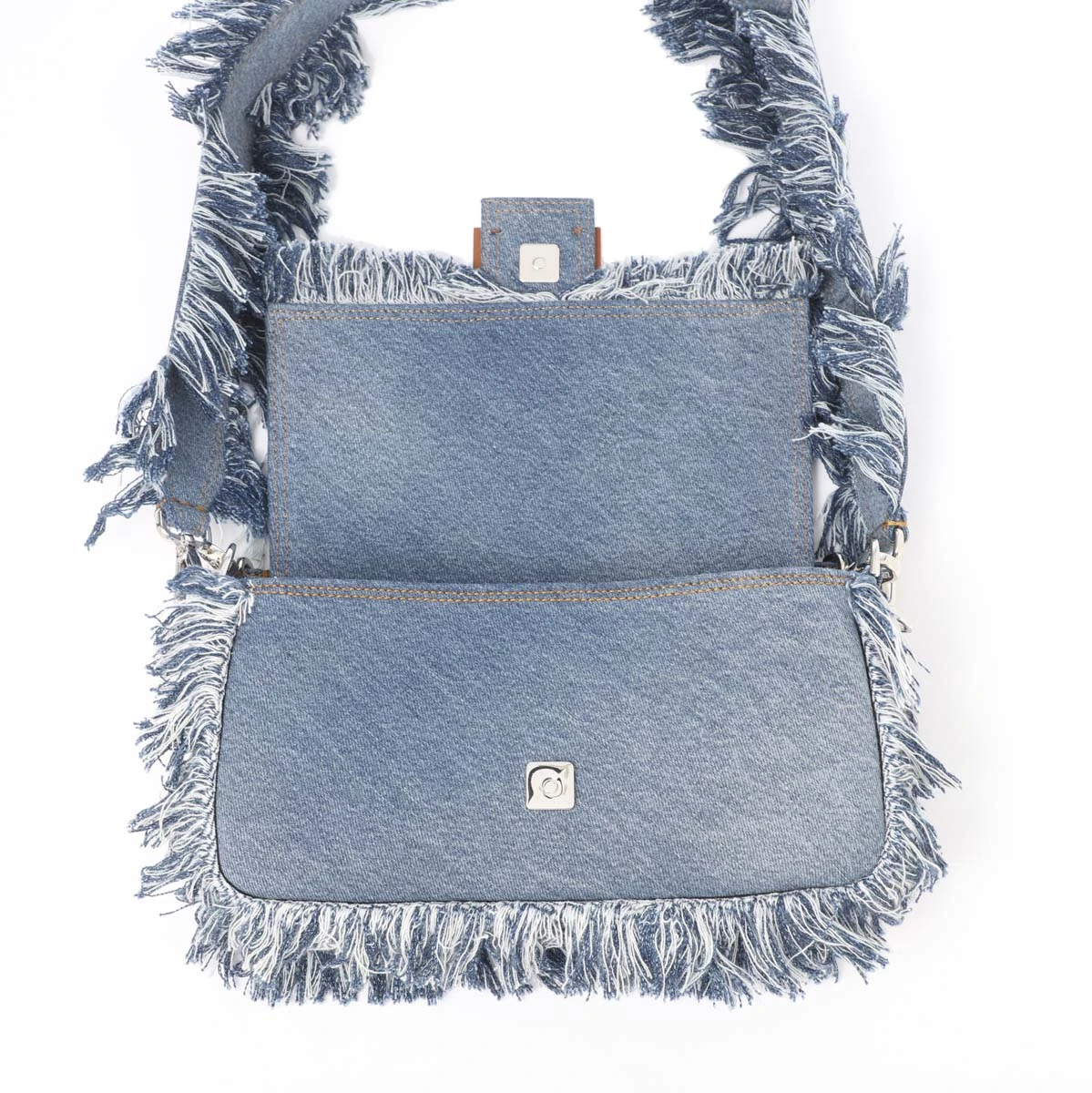 Fendi light Blue Denim FF leather clasp Baguette Handbag