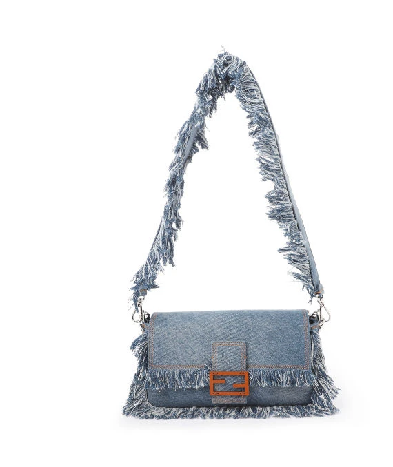 Fendi light Blue Denim FF leather clasp Baguette Handbag