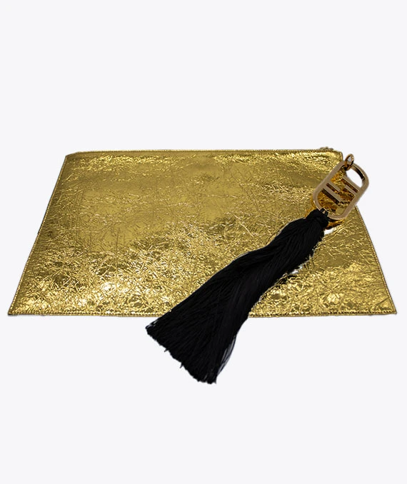 Fendi Gold Laminated Leather FF Tassel Clutch