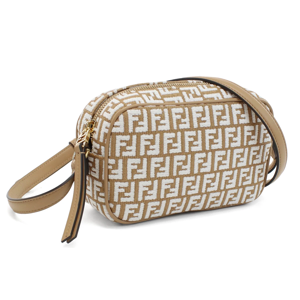 Fendi Brown White FF Mini Raffia & Leather Camera Bag