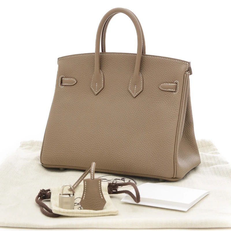 Hermes 2024 Birkin (Stamp W) Size 25 Togo Leather Handbag in Etoupe color with Palladium Hardware