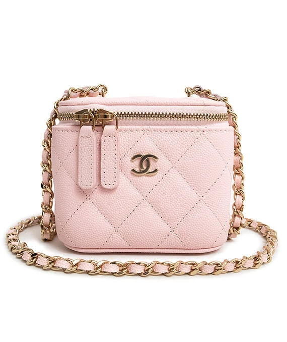 CHANEL Matelasse Light Pink Classic Small Vanity Case with Chain in Caviar Leather with Champagne Gold Hardware