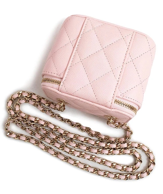 CHANEL Matelasse Light Pink Classic Small Vanity Case with Chain in Caviar Leather with Champagne Gold Hardware