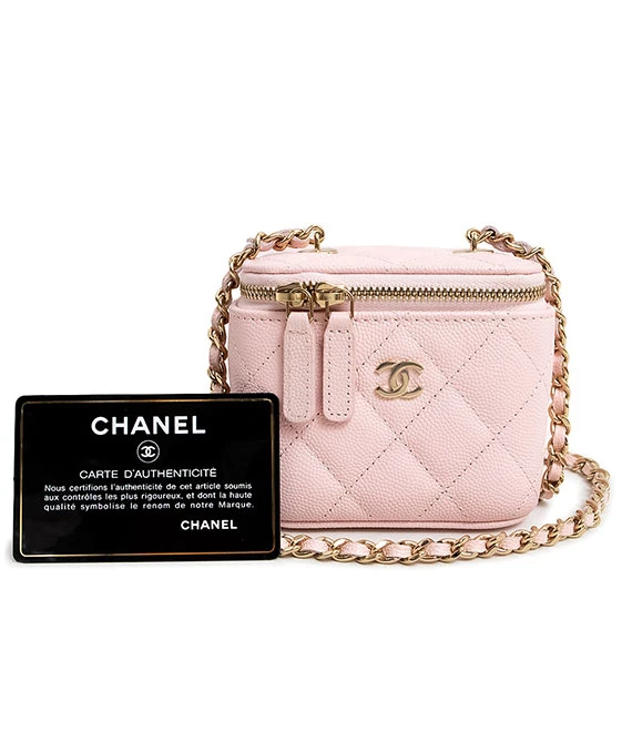 CHANEL Matelasse Light Pink Classic Small Vanity Case with Chain in Caviar Leather with Champagne Gold Hardware