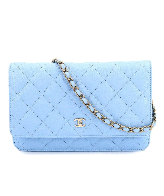 CHANEL Matelasse Classic Chain Light Blue Wallet with Caviar Leather and Gold Hardware