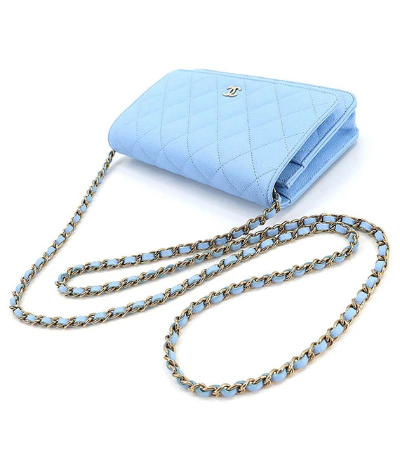 CHANEL Matelasse Classic Chain Light Blue Wallet with Caviar Leather and Gold Hardware