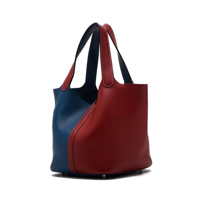 HERMES Picotin Lock MM (Stamp P) Bicolor Handbag Taurillon Clemence Rouge Casaque x Colvert (Silver Hardware)