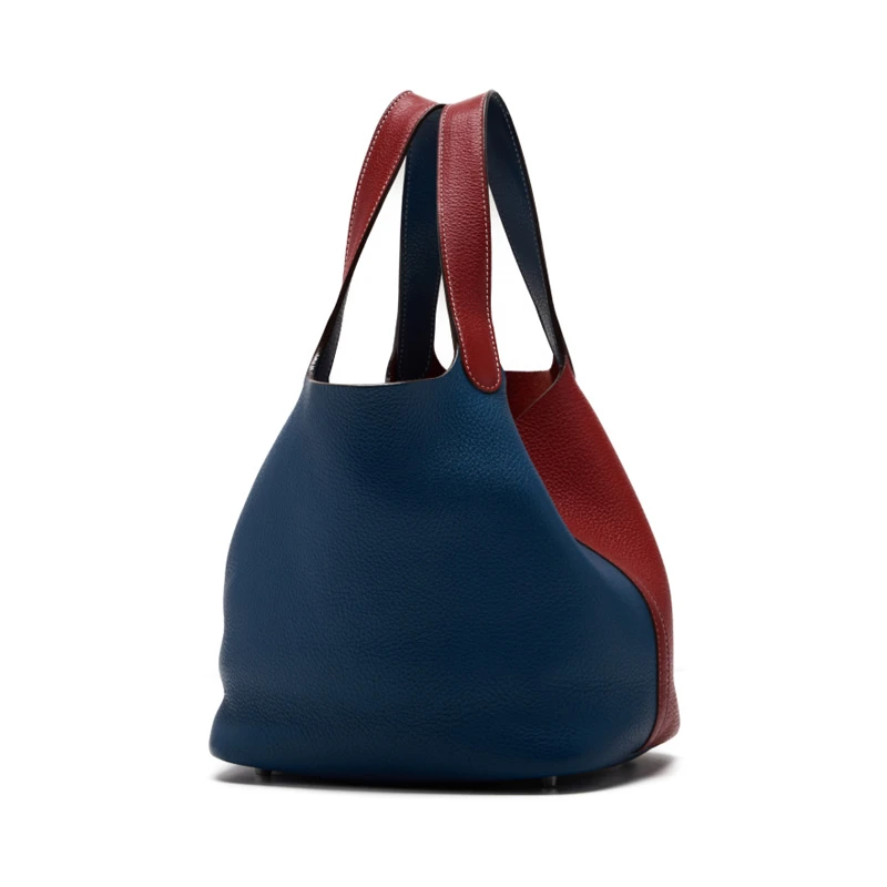 HERMES Picotin Lock MM (Stamp P) Bicolor Handbag Taurillon Clemence Rouge Casaque x Colvert (Silver Hardware)