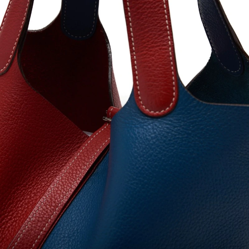 HERMES Picotin Lock MM (Stamp P) Bicolor Handbag Taurillon Clemence Rouge Casaque x Colvert (Silver Hardware)