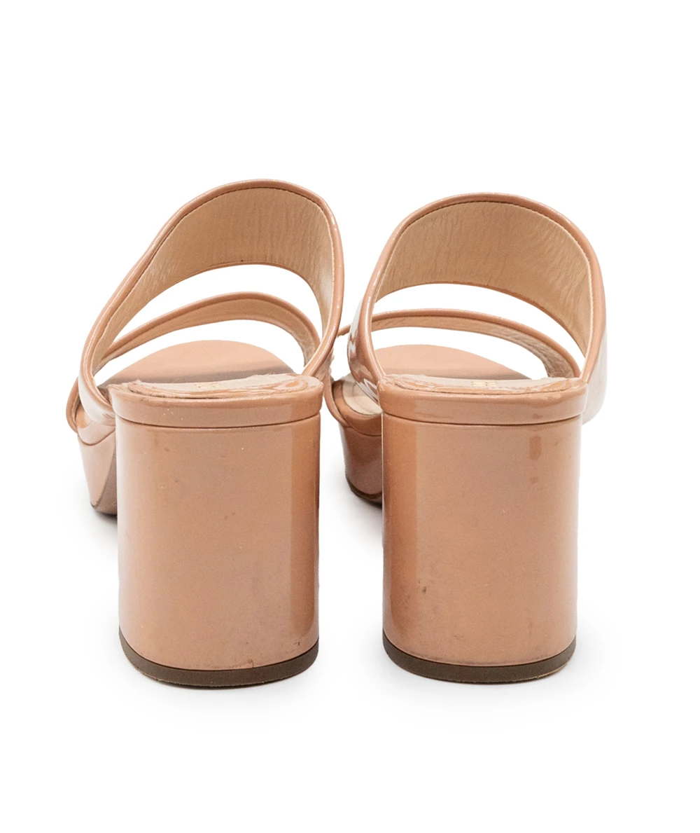 Prada Size 38.5 Peach Patent Leather Two Strap Chunky Heel Sandal Heels