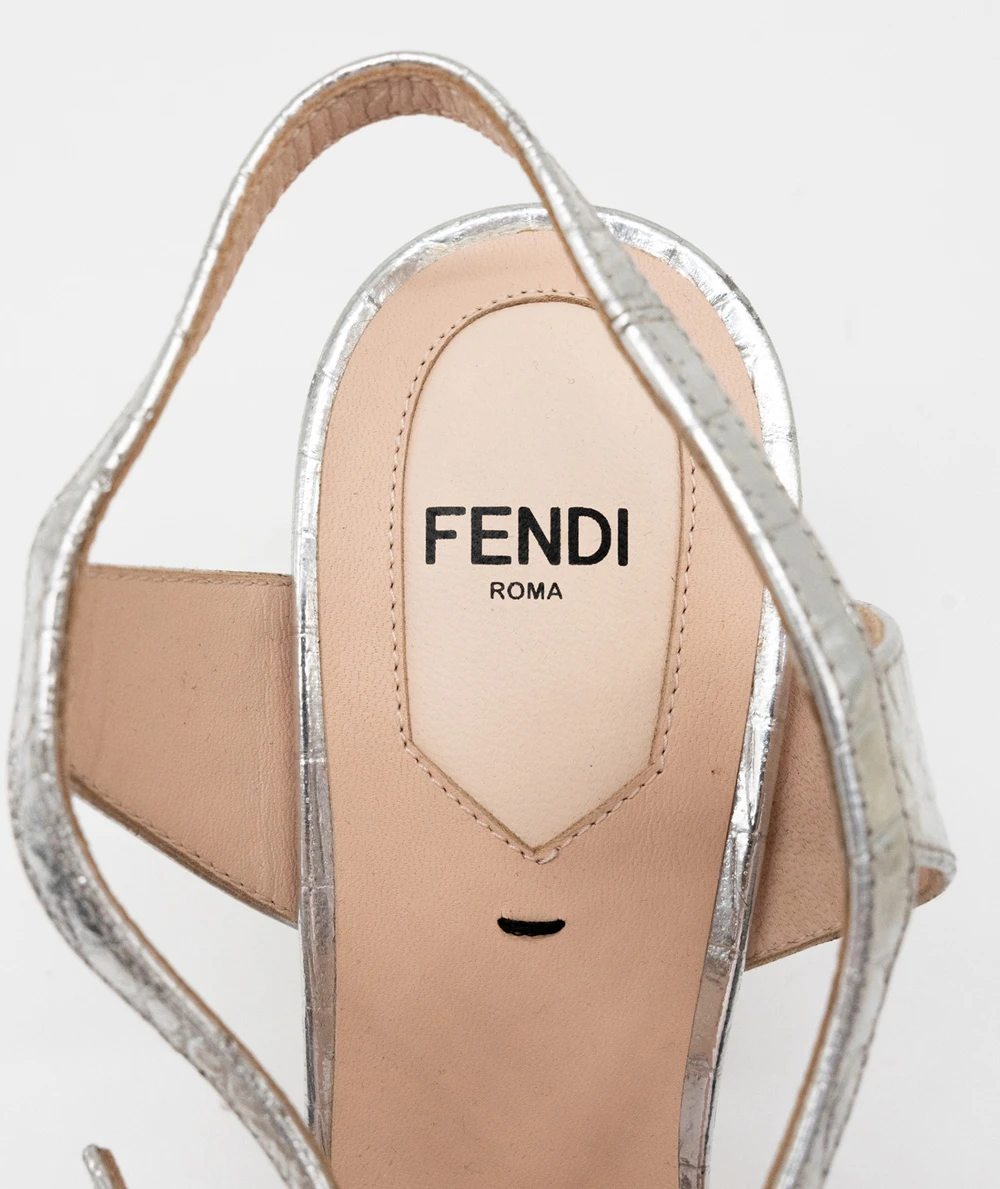 Fendi Size 38 Silver Foil Crocodile-embossed Leather Metallic Strappy Chameleon Platform Block Heel Sandals