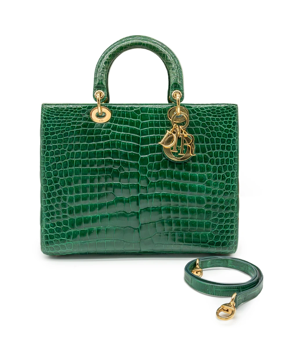 Christian Dior Green Crocodile Leather Lady Dior Large Satchel Bag