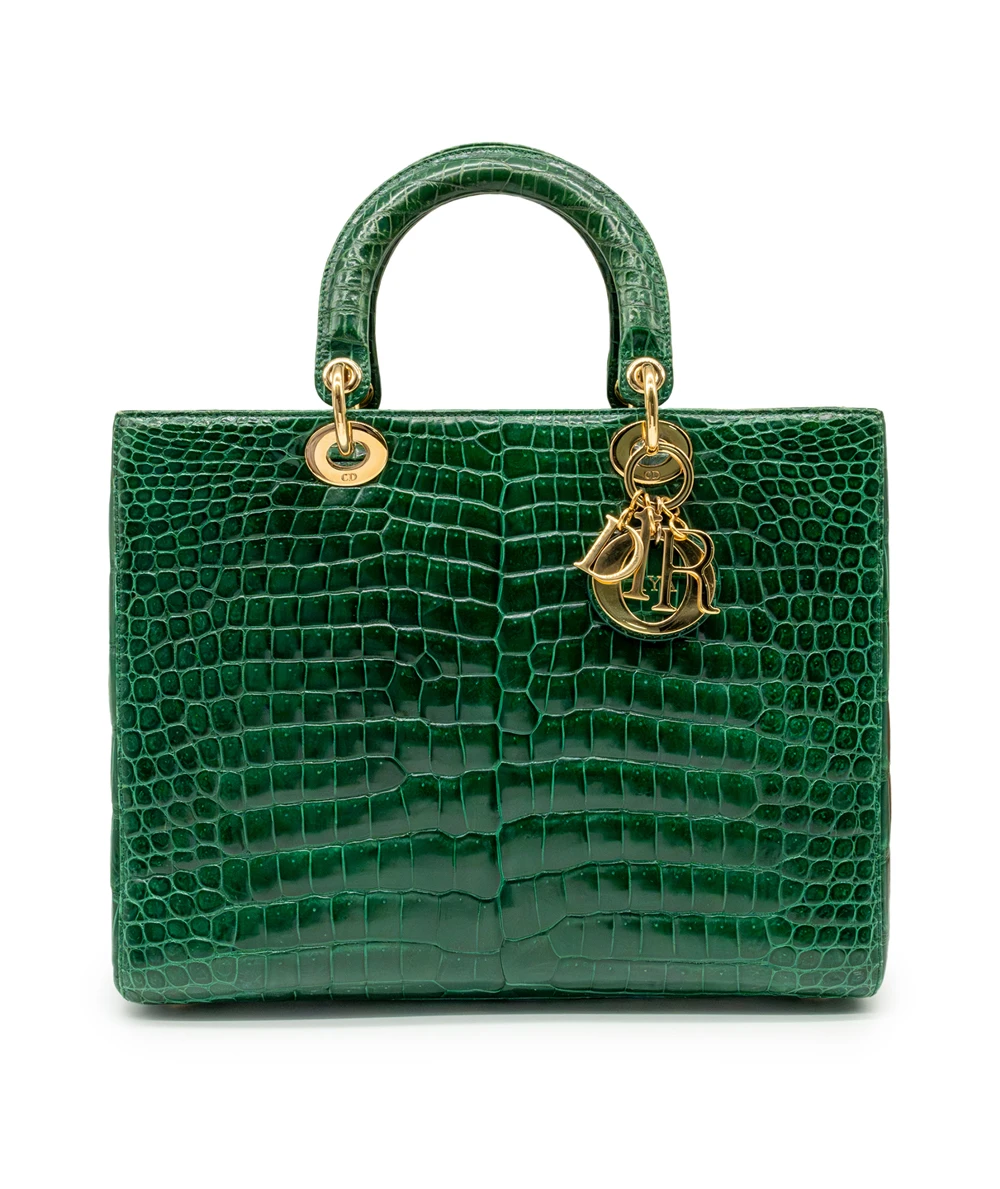 Christian Dior Green Crocodile Leather Lady Dior Large Satchel Bag