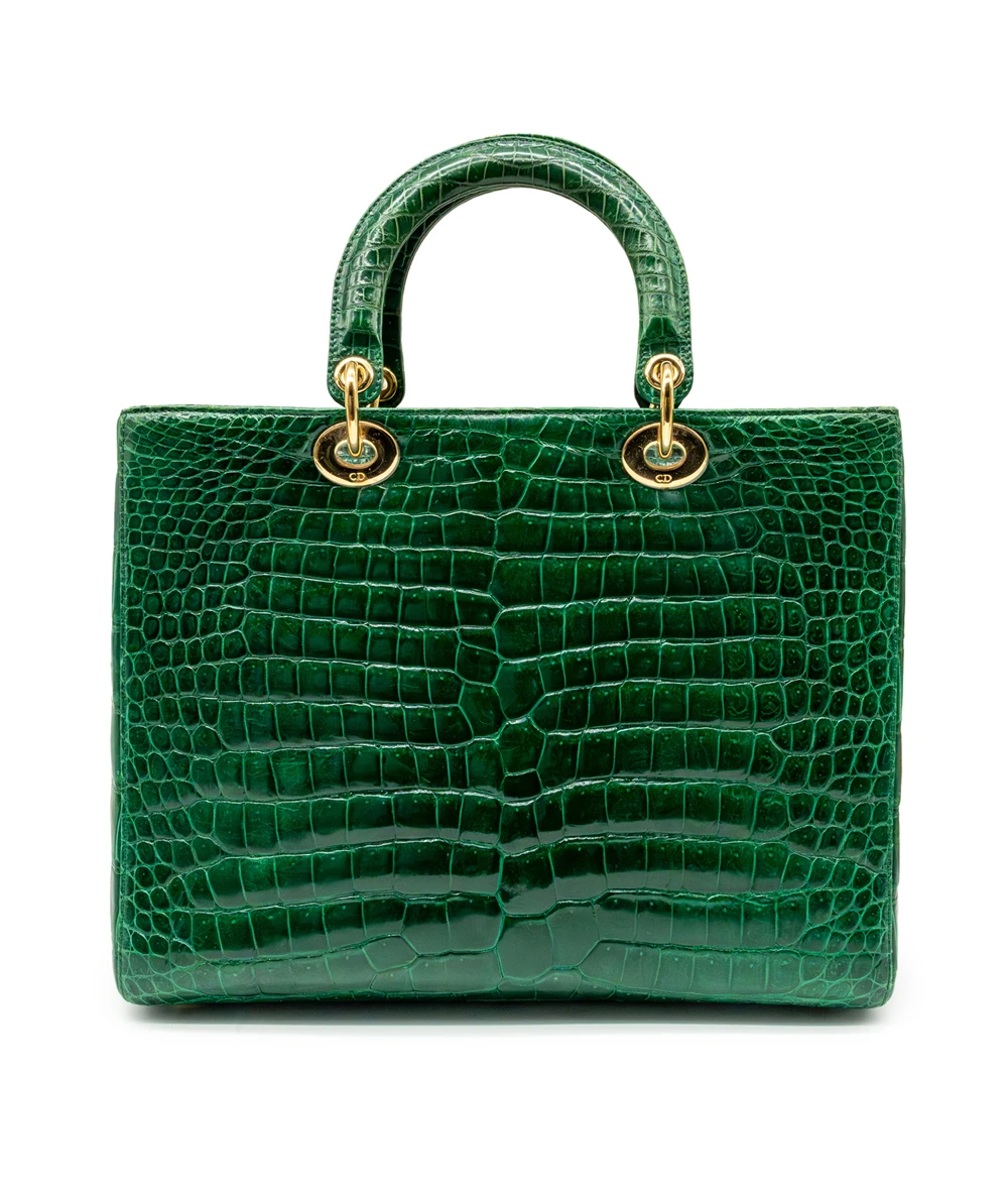 Christian Dior Green Crocodile Leather Lady Dior Large Satchel Bag