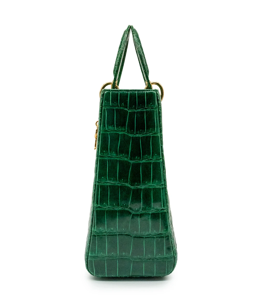 Christian Dior Green Crocodile Leather Lady Dior Large Satchel Bag