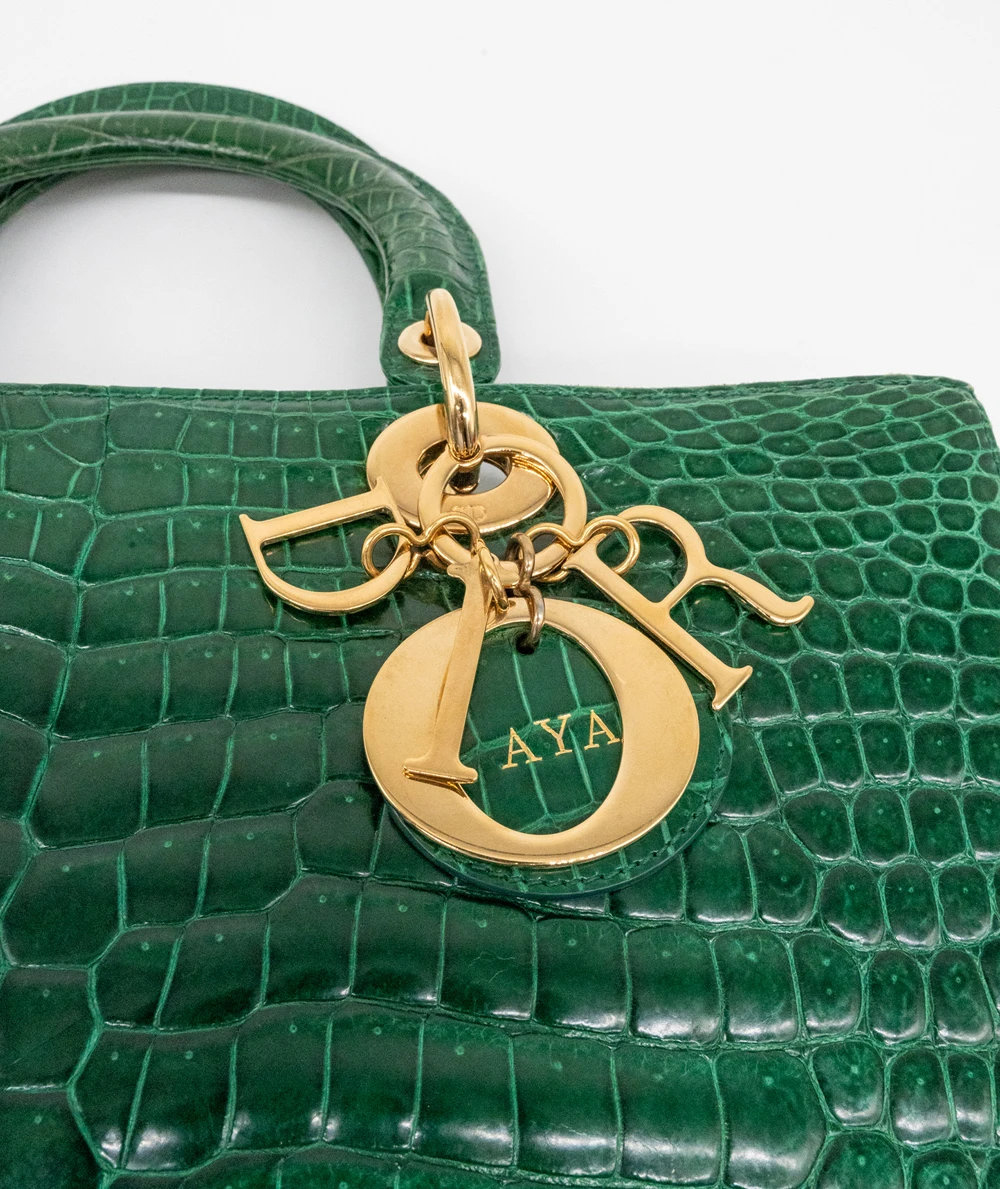 Christian Dior Green Crocodile Leather Lady Dior Large Satchel Bag