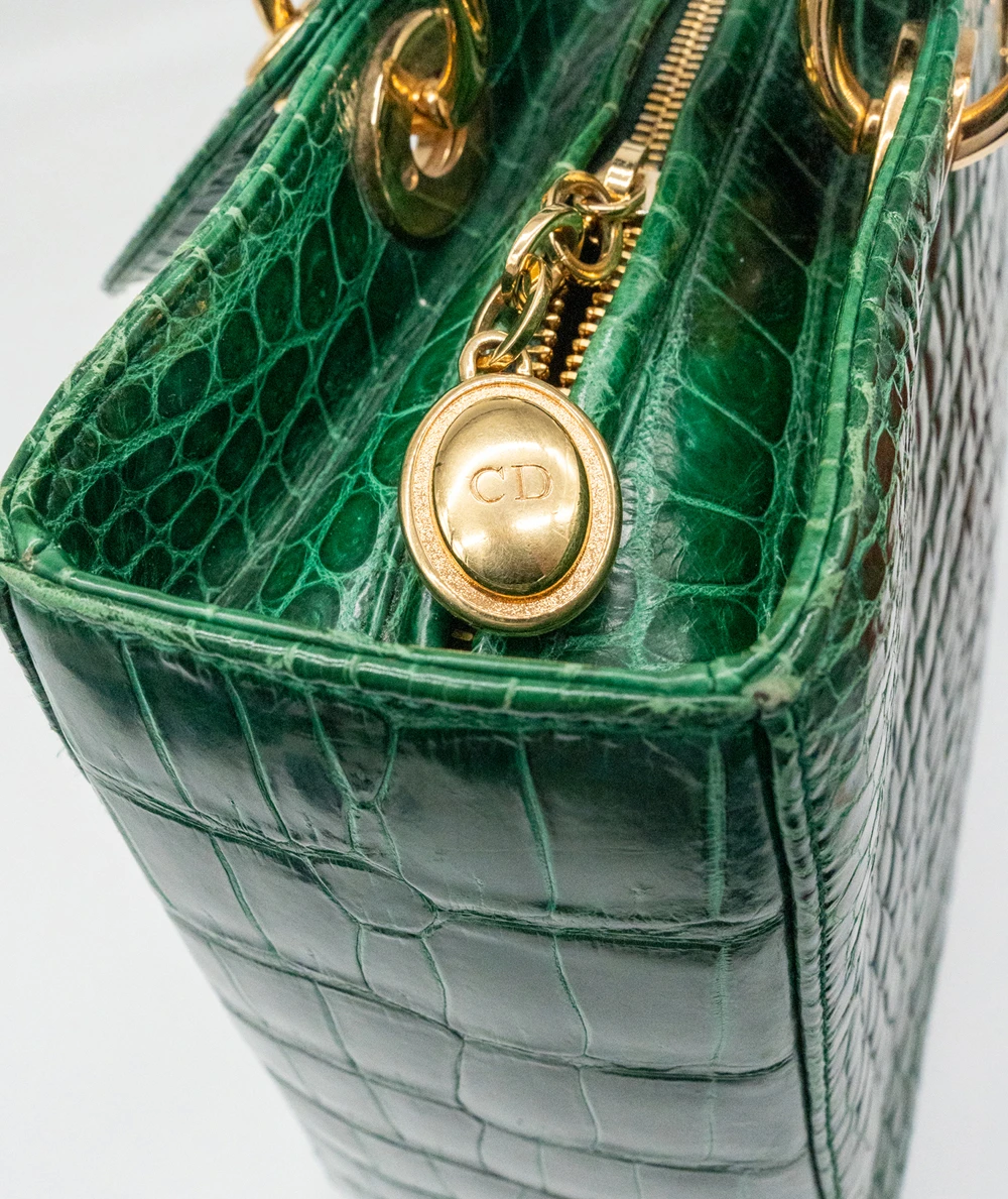 Christian Dior Green Crocodile Leather Lady Dior Large Satchel Bag