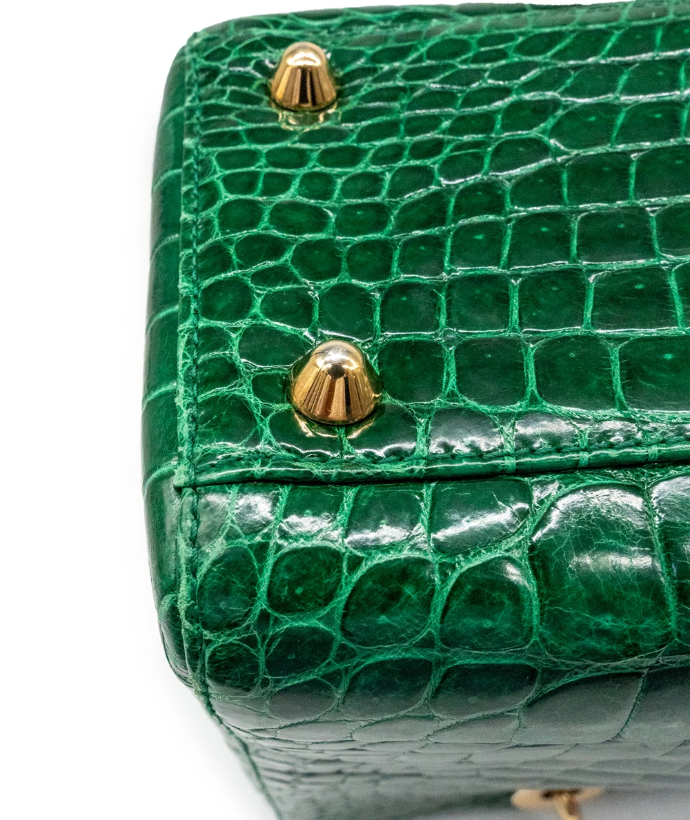 Christian Dior Green Crocodile Leather Lady Dior Large Satchel Bag